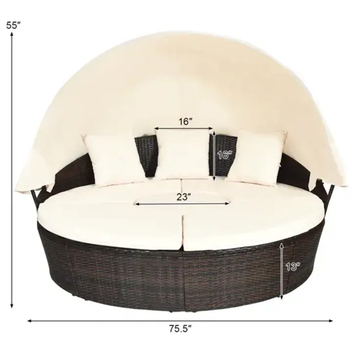 【Furniture】Costway Patio Rattan Daybed, Upholstered Sofa, Adjustable Canopy Table Top, 3 Cushions