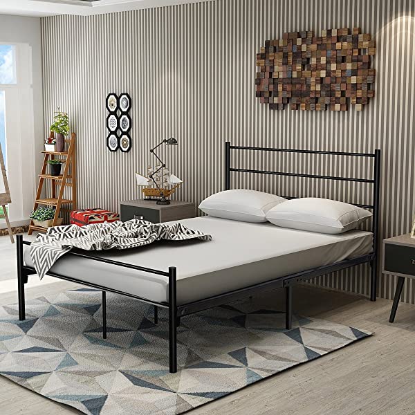 DUMEE Full Bed Frame with Headboard and Footboard Metal Platform Bed Frames Mattress Foundation Bases Bed Slats Support No Box Spring Needed, Full Size Black Black Full