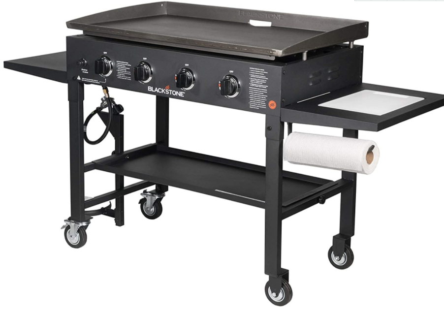 Blackstone 36-inch Cooking Station 4 Burner Propane fuel Restaurant Grade Professional 36-inch outdoor flat top gas grill pan with built-in cutting board, trash rack and side rack (1825), black