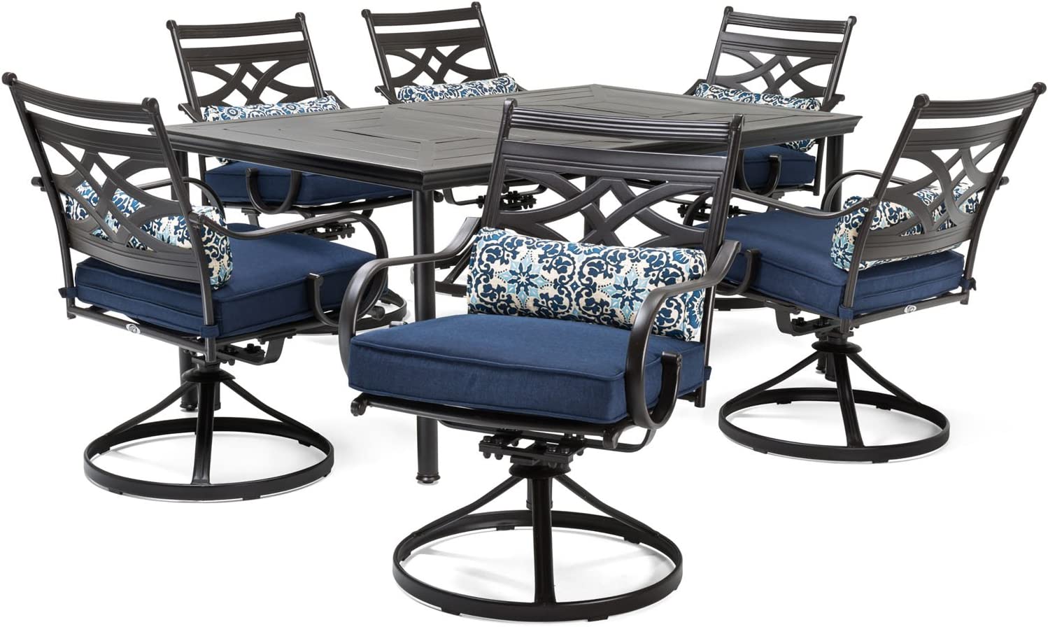Hanover Montclair 7-Piece All-Weather Outdoor Patio Dining Set, 6 Swivel Rocker Chairs with Comfortable Tan Seat and Lumbar Cushions, 40"x66" Stamped Rectangle Table, MCLRDN7PCSQSW6-TAN