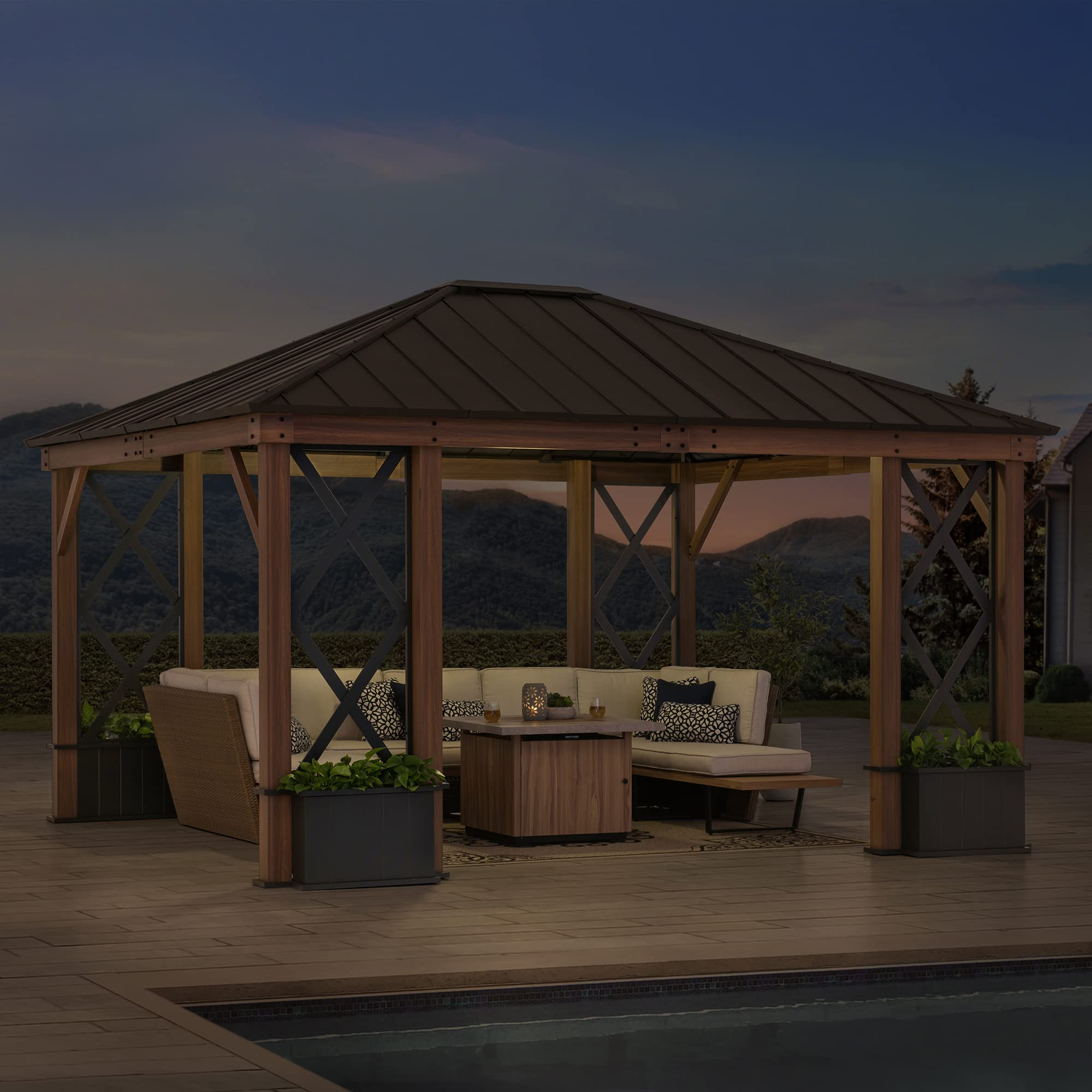 【Gazebo】13x15 Outdoor Steel Hardtop Gazebo with Planters & Ceiling Hook for Patio, Garden & Backyard Activities