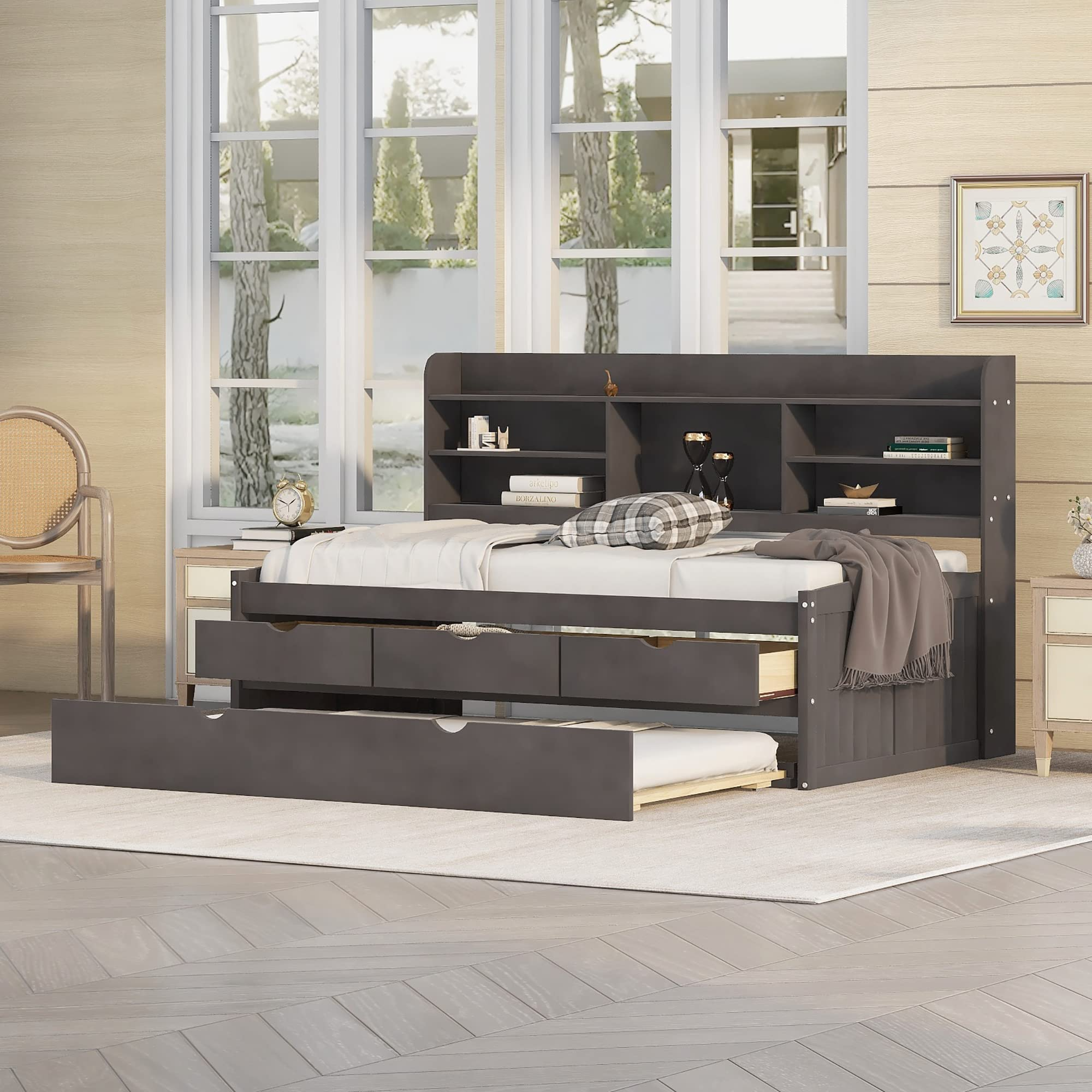 【Furniture】Harper & Bright Designs Twin Captain's Bed with Trundle and Three Storage Drawers