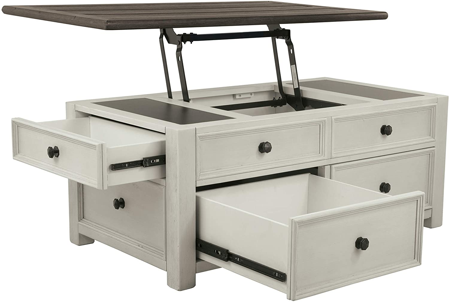 Signature Design by Ashley Bolanburg Farmhouse Lift Top Coffee Table with Drawers, Antique Cream & Brown