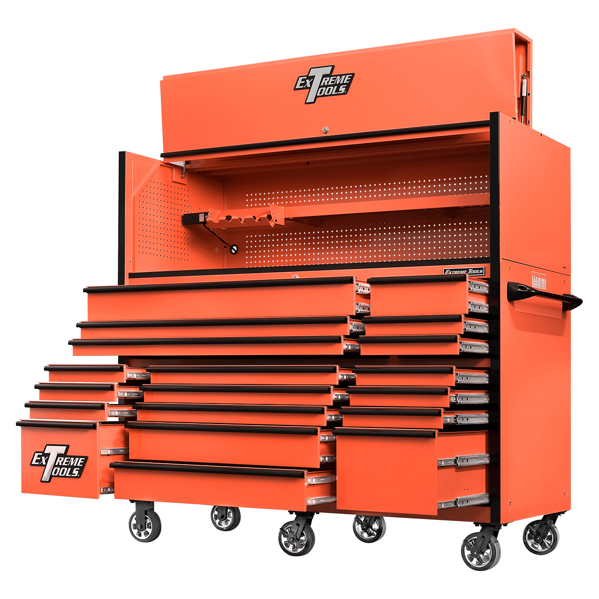 n- used toolboxExtreme Tools 72in. x 30in. 19 Drawers Triple Bank Roller Cabinet and Power Workstation Hutch Combon-